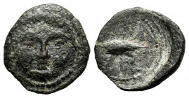 Gades-Gadir. 1/2 cualco. 200-100 BC. Cadiz. (Abh-1330). Anv.: Facing head. Rev.: Tunny left, phoenician letter alef below. Ae. 1,07 g. Choice F. Est.....