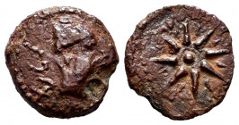 Malaka. Sextans. 200-20 BC. Malaga. (Abh-1744). Anv.: Head of Vulcan right, punic legend behind. Rev.: Eight-rayed star with intercalations. Ae. 1,94 ...