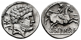 Bolskan. Denarius. 180-20 BC. Huesca. (Abh-1912). Anv.: Bearded head right, behind iberian letters BON. Rev.: Horseman right, holding spear, iberian l...