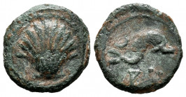Arse-Saguntum. Quadrans. 170-20 BC. Sagunto (Valencia). (Abh-2054). Anv.: Seashell. Rev.: Dolphin right, crescent above, iberian letter A and thee pel...