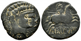 Sekobirikes. Unit. 120-30 BC. Saelices (Cuenca). (Abh-2177). (Acip-1878 var). (C-2 var). Anv.: Male head right, dolphin before, palm behind and iberia...
