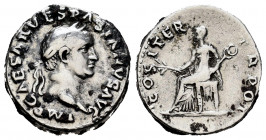 Vespasian. Denarius. 70 AD. Rome. (Spink-2285). (Ric-10). (Seaby-94h). Rev.: COSITER TR POT. Peace sitting with olive branch and caduceus. Ag. 3,51 g....