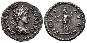 Caracalla. Denarius. 203 AD. Rome. (Ric-149). Anv.: ANTONINVS PIVS AVG, laureate and draped bust right. Rev.: VIRTVS AVGG, Virtus standing left with V...