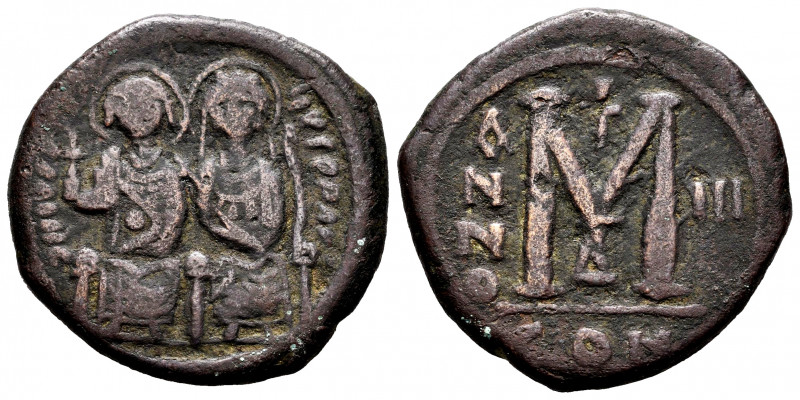 Justinus II with Sophia. Follis. Year 3 = 567/568 AD. Constantinople. (Bc-360). ...