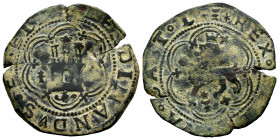 Catholic Kings (1474-1504). 4 maravedis. Cuenca. (Cal-135). Ae. 6,24 g. Ermine - C on obverse and bowl on the legend on reverse. Flan cracks. Almost V...
