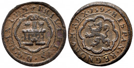 Philip II (1556-1598). 4 maravedis. 1597. Segovia. (Cal-89). (Jarabo-Sanahuja-B3). Ae. 6,10 g. Without mintmark nor value. Rare. VF. Est...100,00. 
...