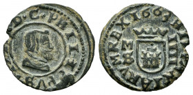 Philip IV (1621-1665). 4 maravedis. 1663. Madrid. S. (Cal-237). (Jarabo-Sanahuja-454). Ae. 1,01 g. Countermark of 4 maravedis of Valladolid 1659 on 8 ...