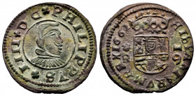 Philip IV (1621-1665). 16 maravedis. 1662. Coruña. R. (Cal-451). Ae. 3,80 g. Scallop on the left. Choice VF. Est...35,00. 


 SPANISH DESCRIPTION: ...