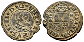 Philip IV (1621-1665). 16 maravedis. 1663. Cuenca. (Cal-457). Ae. 3,00 g. Choice VF/VF. Est...25,00. 


 SPANISH DESCRIPTION: Felipe IV (1621-1665)...