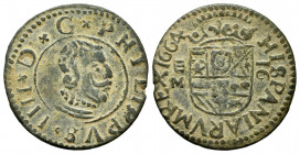 Philip IV (1621-1665). 16 maravedis. 1664. Valladolid. M. (Cal-507). (Jarabo-Sanahuja-M820). Ae. 4,56 g. VF. Est...40,00. 


 SPANISH DESCRIPTION: ...