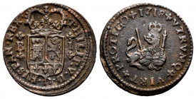 Philip V (1700-1746). 1 maravedi. 1718. Barcelona. (Cal-42). Ae. 2,34 g. Choice VF. Est...30,00. 


 SPANISH DESCRIPTION: Felipe V (1700-1746). 1 m...