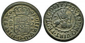 Philip V (1700-1746). 2 maravedis. 1744. Segovia. (Cal-73). Ae. 3,43 g. Choice VF. Est...35,00. 


 SPANISH DESCRIPTION: Felipe V (1700-1746). 2 ma...