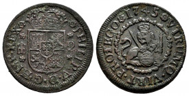 Philip V (1700-1746). 2 maravedis. 1745. Segovia. (Cal-74). Ae. 3,58 g. VF. Est...20,00. 


 SPANISH DESCRIPTION: Felipe V (1700-1746). 2 maravedís...