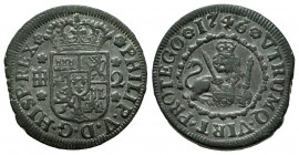 Philip V (1700-1746). 2 maravedis. 1746. Segovia. (Cal-74). Ae. 3,44 g. Choice VF. Est...20,00. 


 SPANISH DESCRIPTION: Felipe V (1700-1746). 2 ma...