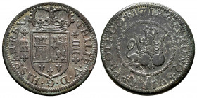 Philip V (1700-1746). 4 maravedis. 1719. Segovia. (Cal-82). Ae. 9,21 g. VTRVNQ instead of VTRVMQ. Scarce. Choice F. Est...30,00. 


 SPANISH DESCRI...