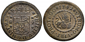 Philip V (1700-1746). 4 maravedis. 1742. Segovia. (Cal-94). Ae. 5,12 g. VF. Est...30,00. 


 SPANISH DESCRIPTION: Felipe V (1700-1746). 4 maravedís...