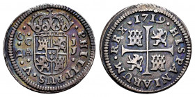 Philip V (1700-1746). 1/2 real. 1719. Cuenca. JJ. (Cal-105). Ag. 1,33 g. Legend PHILIPPUS. It was hung. Attractive patina. Choice VF. Est...35,00. 
...