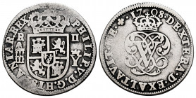 Philip V (1700-1746). 2 reales. 1708. Segovia. Y. (Cal-941). Ag. 4,53 g. Left palm above right palm. Choice F. Est...25,00. 


 SPANISH DESCRIPTION...