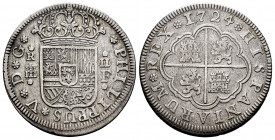 Philip V (1700-1746). 2 reales. 1724. Segovia. F. (Cal-959). Ag. 5,34 g. Minor nick on edge. Almost VF/Choice F. Est...25,00. 


 SPANISH DESCRIPTI...