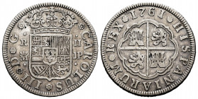 Charles III (1759-1788). 2 reales. 1761. Madrid. JP. (Cal-609). Ag. 5,74 g. Almost VF/Choice F. Est...35,00. 


 SPANISH DESCRIPTION: Carlos III (1...