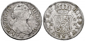 Charles III (1759-1788). 2 reales. 1780. Madrid. PJ. (Cal-629). Ag. 5,71 g. Knocks on reverse. F/Choice F. Est...25,00. 


 SPANISH DESCRIPTION: Ca...