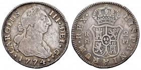 Charles III (1759-1788). 2 reales. 1774. Madrid. PJ. (Cal-621). Ag. 5,68 g. Choice F. Est...40,00. 


 SPANISH DESCRIPTION: Carlos III (1759-1788)....