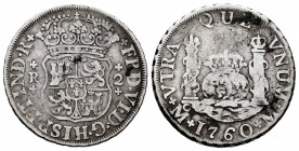 Charles III (1759-1788). 2 reales. 1760. México. M. (Cal-641). Ag. 6,46 g. Choice F. Est...50,00. 


 SPANISH DESCRIPTION: Carlos III (1759-1788). ...