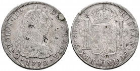 Charles III (1759-1788). 8 reales. 1772. México. FM. (Cal-1105). Ag. 26,65 g. Chop marks. It retains some traces of welding. Choice F. Est...50,00. 
...