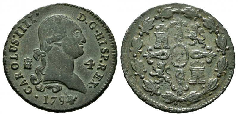 Charles IV (1788-1808). 4 maravedis. 1794/1. Segovia. (Cal-48 var). Ae. 5,17 g. ...