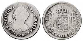 Charles IV (1788-1808). 1/2 real. 1789. Potosí. PR. (Cal-297). Ag. 1,42 g. Bust of Charles III and Ordinal IV. Scarce. F. Est...30,00. 


 SPANISH ...