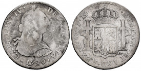 Charles IV (1788-1808). 4 reales. 1789. México. FM. (Cal-793). Ag. 12,79 g. Bust of Charles III and Ordinal IV. Scarce. Almost F. Est...50,00. 


 ...