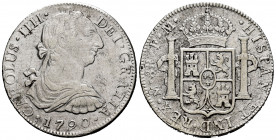 Charles IV (1788-1808). 8 reales. 1790. México. FM. (Cal-952). Ag. 26,33 g. Bust of Charles III and ordinal IIII. Cleaned surface rust. Scarce. Choice...