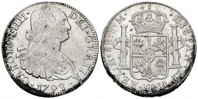 Charles IV (1788-1808). 8 reales. 1792. México. FM. (Cal-954). Ag. 26,97 g. Two Chop marks. VF. Est...70,00. 


 SPANISH DESCRIPTION: Carlos IV (17...