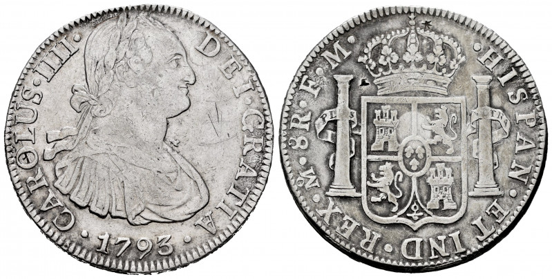 Charles IV (1788-1808). 8 reales. 1793. México. FM. (Cal-955). Ag. 26,77 g. Scra...