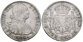 Charles IV (1788-1808). 8 reales. 1808. México. TH. (Cal-988). Ag. 26,68 g. Choice F. Est...50,00. 


 SPANISH DESCRIPTION: Carlos IV (1788-1808). ...