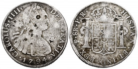 Charles IV (1788-1808). 8 reales. 1794. Potosí. PR. (Cal-994). Ag. 26,45 g. Chop marks. F. Est...60,00. 


 SPANISH DESCRIPTION: Carlos IV (1788-18...