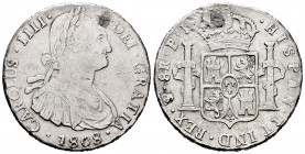 Charles IV (1788-1808). 8 reales. 1808. Potosí. PJ. (Cal-1014). Ag. 26,71 g. Plugged hole at 12 o'clock. Choice F. Est...40,00. 


 SPANISH DESCRIP...