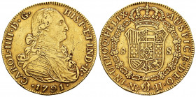 Charles IV (1788-1808). 8 escudos. 1791. Santa Fe de Nuevo Reino. JJ. (Cal-1719). Au. 26,94 g. King´s bust. Nicks on edge. VF. Est...1200,00. 


 S...