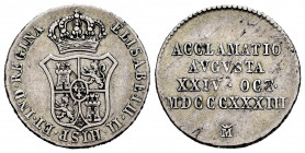 Elizabeth II (1833-1868). "Proclamation" medal. 1833. Madrid. (H-21). Ag. 3,00 g. 2 real module. Almost VF. Est...18,00. 


 SPANISH DESCRIPTION: I...
