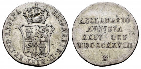 Elizabeth II (1833-1868). "Proclamation" medal. 1833. Madrid. (H-23). Ag. 2,97 g. 1 real module. Knock on obverse. Almost VF. Est...25,00. 


 SPAN...