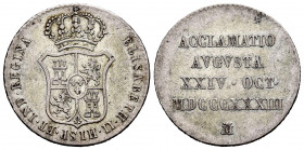 Elizabeth II (1833-1868). "Proclamation" medal. 1833. Madrid. (H-21). Ag. 5,82 g. 4 reales module. Almost VF. Est...30,00. 


 SPANISH DESCRIPTION:...