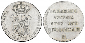 Elizabeth II (1833-1868). "Proclamation" medal. 1833. Madrid. (H-21). Ag. 5,92 g. Scratches. Minor nick on edge. 4 reales module. Almost XF. Est...30,...