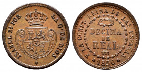 Elizabeth II (1833-1868). Decima de real. 1850. Segovia. (Cal-141). Ae. 3,78 g. Choice VF. Est...35,00. 


 SPANISH DESCRIPTION: Isabel II (1833-18...