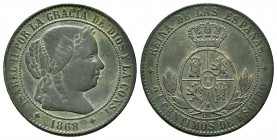 Elizabeth II (1833-1868). 2 1/2 centimos de escudo. 1868. Jubia. OM. (Cal-237). Ae. 5,95 g. VF/Almost VF. Est...20,00. 


 SPANISH DESCRIPTION: Isa...