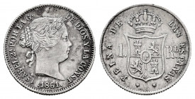 Elizabeth II (1833-1868). 1 real. 1861/0. Barcelona. (Cal-286). Ag. 1,36 g. Clear overdate. Choice VF. Est...50,00. 


 SPANISH DESCRIPTION: Isabel...