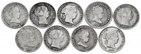 Elizabeth II (1833-1868). Lot of 9 coins of Isabel II. All from 1 real: 1853, 1857 Barcelona, 1838, 1847, 1848, 1852, 1859 Madrid and 1850, 1853 Sevil...