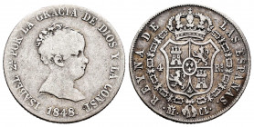 Elizabeth II (1833-1868). 4 reales. 1848. Madrid. CL. (Cal-453). Ag. 5,10 g. Choice F. Est...25,00. 


 SPANISH DESCRIPTION: Isabel II (1833-1868)....
