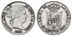 Elizabeth II (1833-1868). 40 centimos de escudo. 1866. Sevilla. (Cal-505). Ag. 5,09 g. Cleaned. Choice VF. Est...60,00. 


 SPANISH DESCRIPTION: Is...
