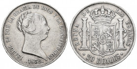 Elizabeth II (1833-1868). 20 reales. 1852. Madrid. (Cal-594). Ag. 25,82 g. Almost VF. Est...100,00. 


 SPANISH DESCRIPTION: Isabel II (1833-1868)....
