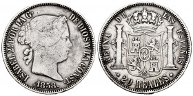 Elizabeth II (1833-1868). 20 reales. 1858. Madrid. (Cal-615). Ag. 25,69 g. Nicks on edge. Choice F. Est...65,00. 


 SPANISH DESCRIPTION: Isabel II...